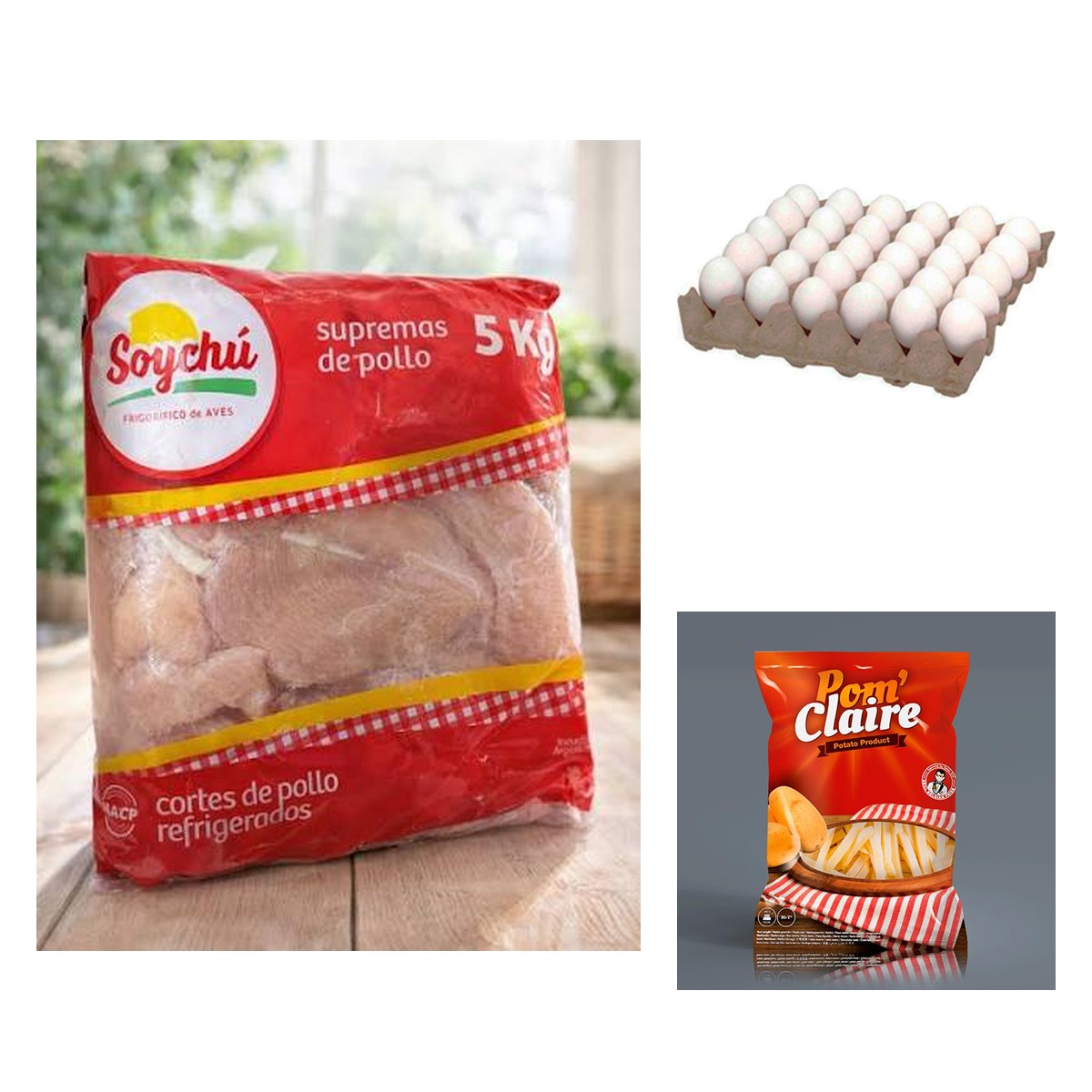 Combo 1514: 5 KG de Suprema Soychú + 1 Maple de 30 Huevos N1 + 2,5 KG de Papas Fritas Pom Claire
