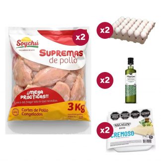 Combo 1537: 6 KG de Suprema Soychú IQF + 2 Maples de 30 Huevos N1 + 2 Aceites de Oliva Morixe 500 cc + 2 Quesos Cremosos Vacalin 1 KG