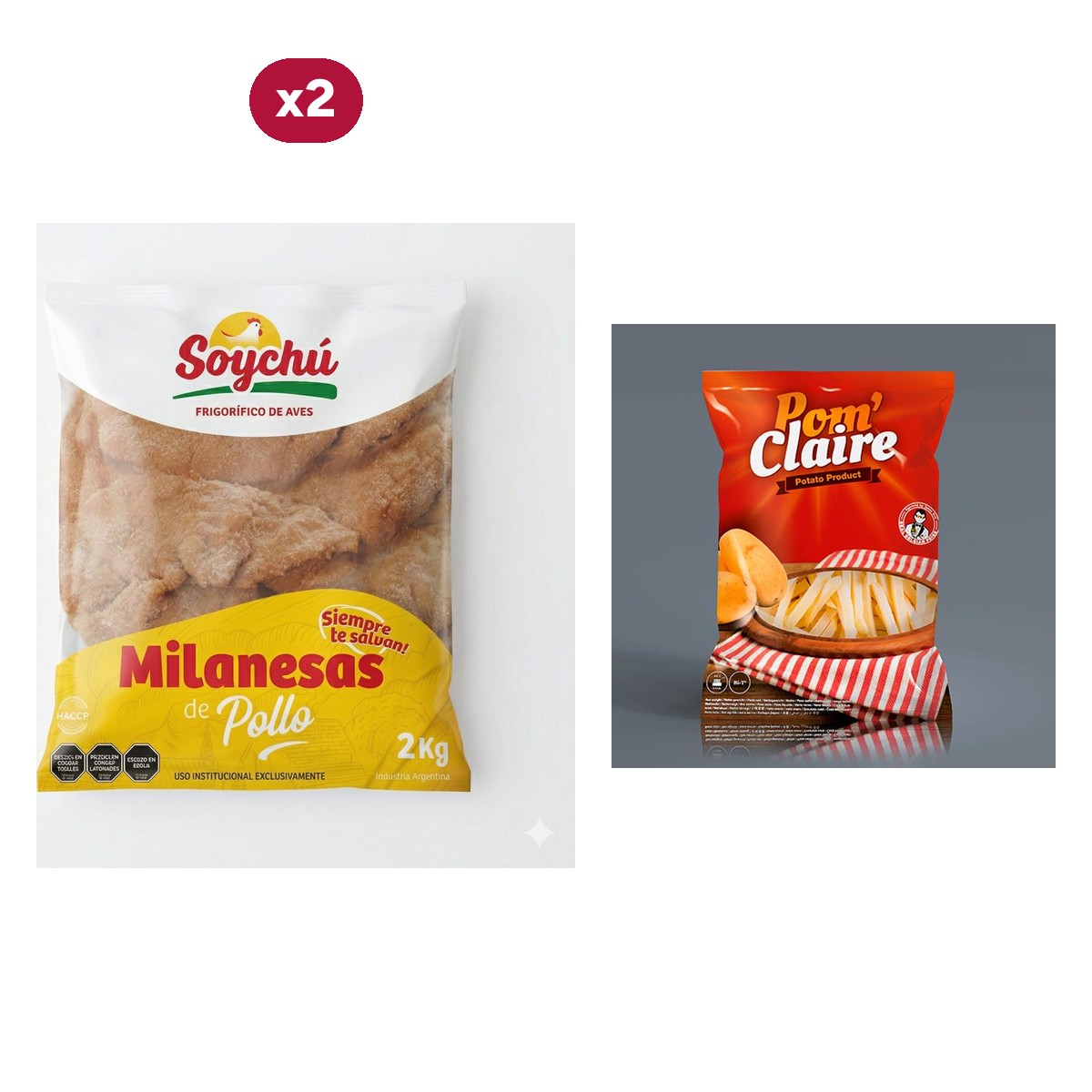 Combo 1560: 4 KG de Milanesas de Pollo Soychú + Papas Fritas Pom Claire 2,5 KG