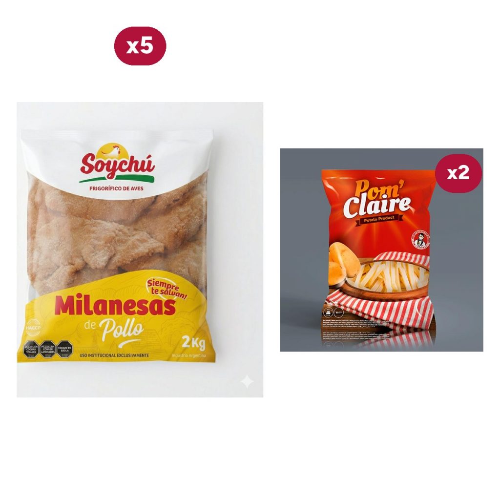 Combo 1562: 10 KG de Milanesas de Pollo Soychú + 2 x Papas Fritas Pom Claire 2,5 KG