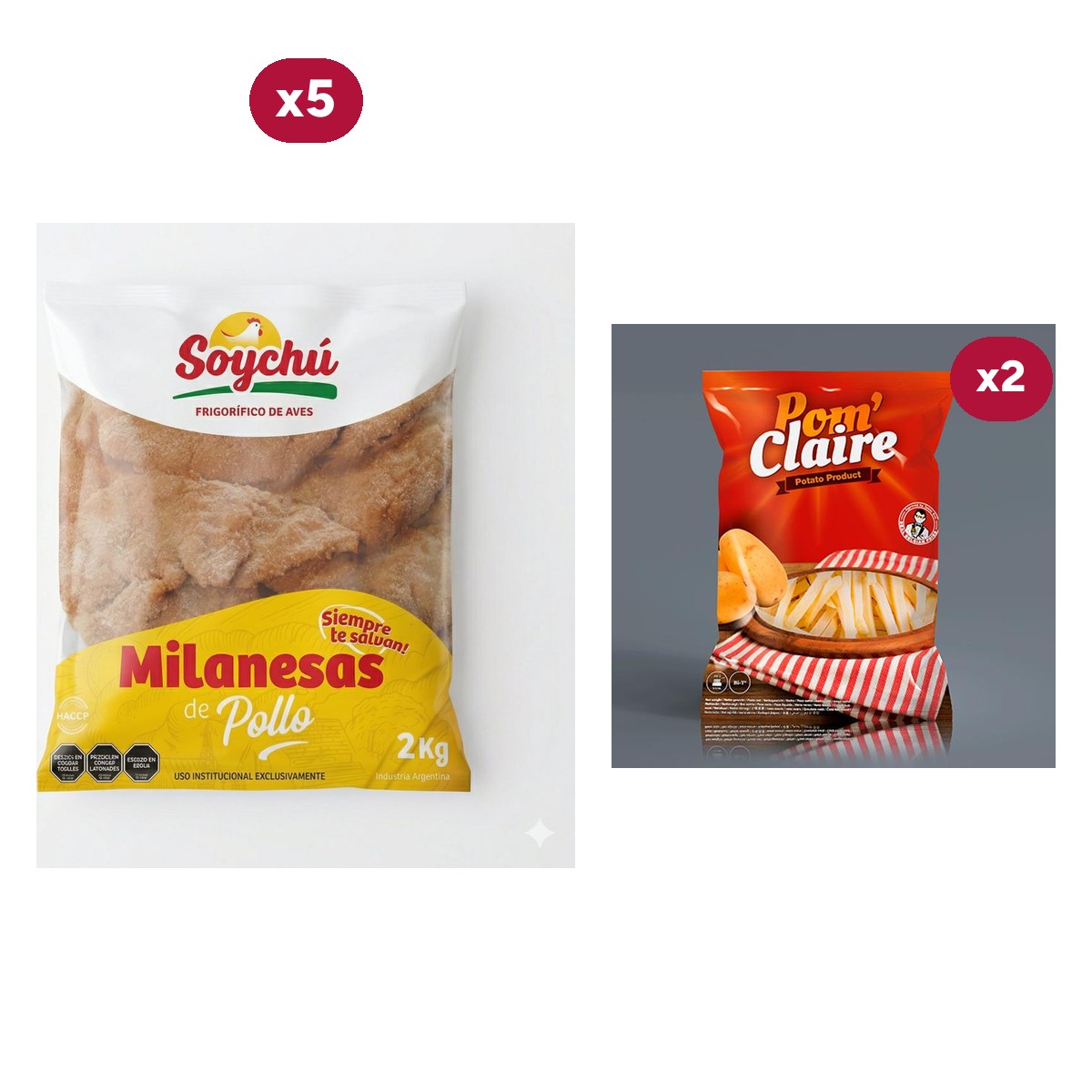 Combo 1562: 10 KG de Milanesas de Pollo Soychú + 2 x Papas Fritas Pom Claire 2,5 KG