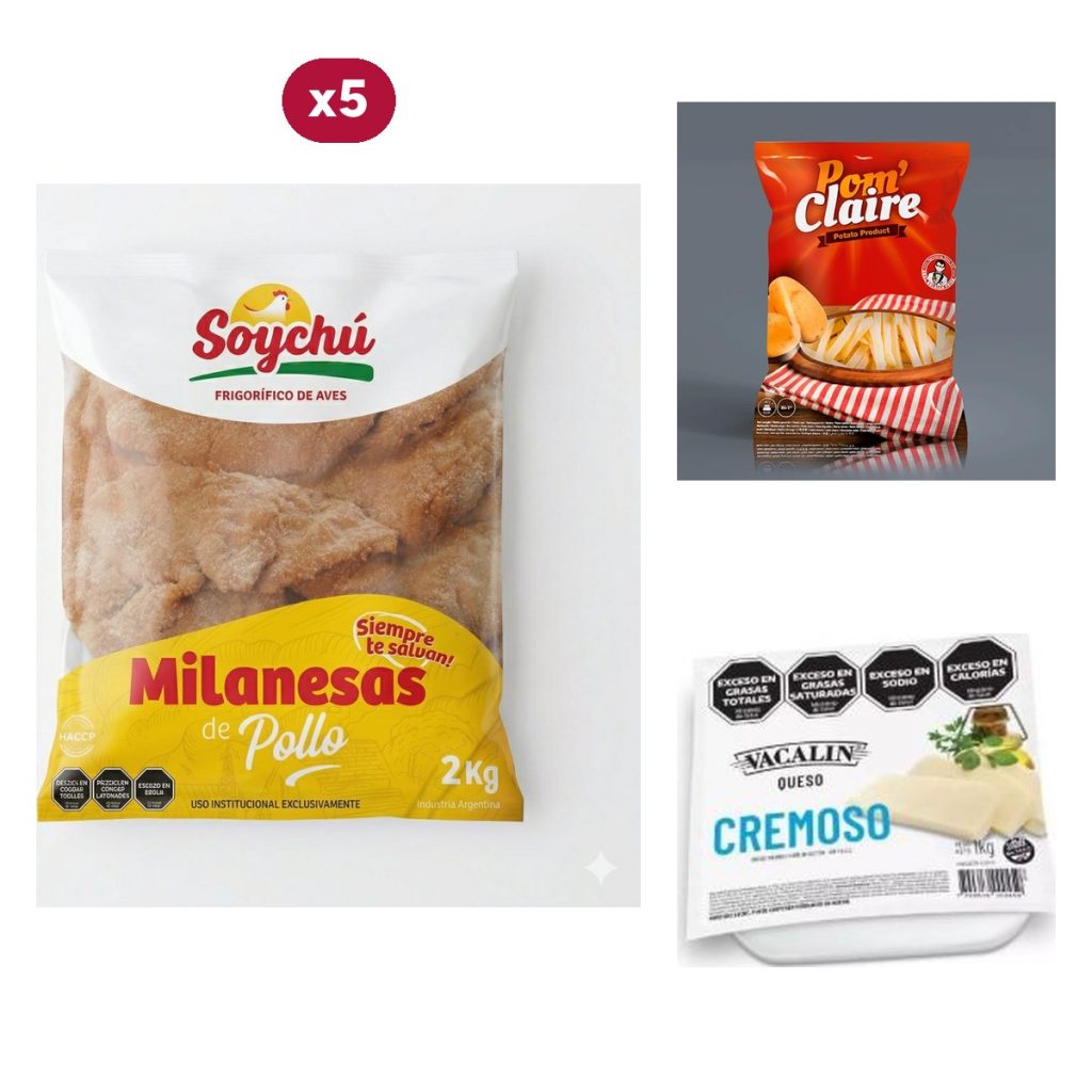 Combo 1563: 10 KG de Milanesas de Pollo Soychú + Papas Fritas Pom Claire 2,5 KG + Queso Cremoso Vacalin 1 KG