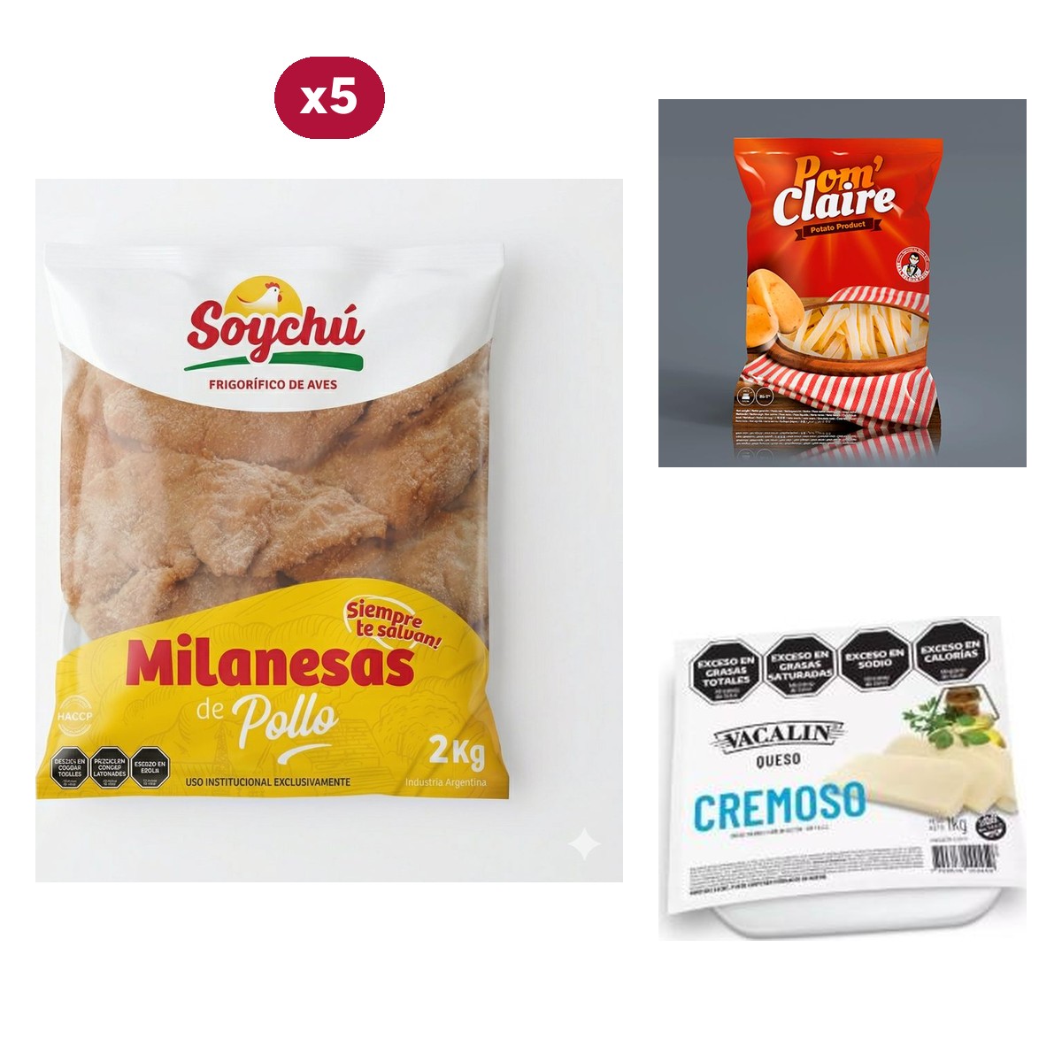Combo 1563: 10 KG de Milanesas de Pollo Soychú + Papas Fritas Pom Claire 2,5 KG + Queso Cremoso Vacalin 1 KG